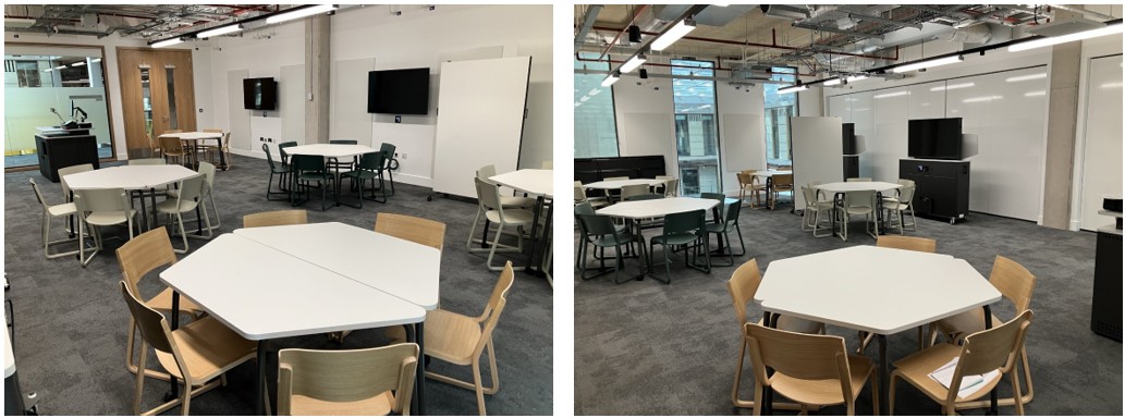 Classroom with table and chairs set up for active learning.